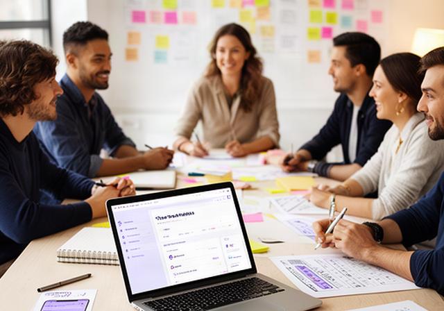 Diverse product team collaborating around a table with sticky notes, sketches of mobile app screens showing habit progress bars, and a laptop displaying the True Track Habits LLC dashboard