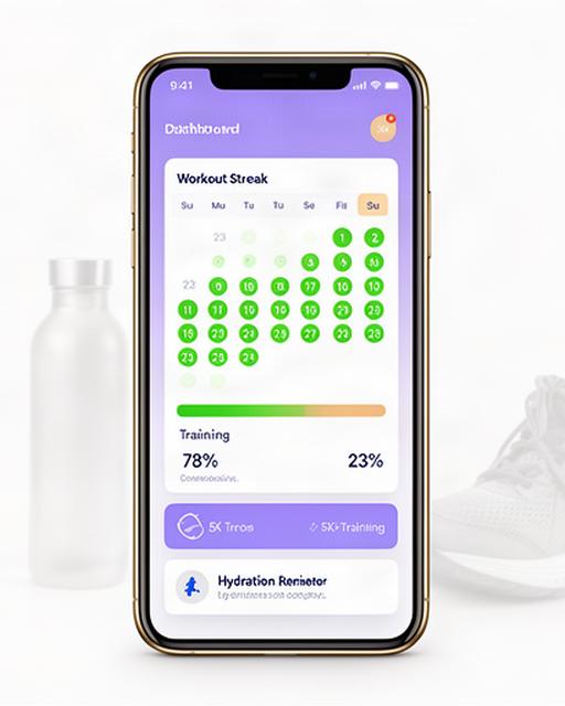 Smartphone screen showing a workout streak calendar with 23 consecutive days marked in green, a progress bar at 78 percent for a 5K training goal, and a hydration reminder notification