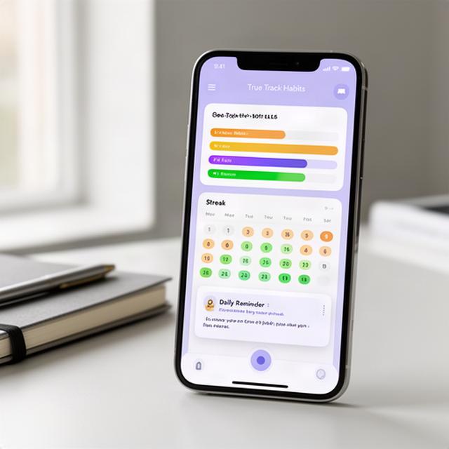Smartphone displaying True Track Habits LLC habit tracking dashboard with colorful progress bars, streak calendar grid, and daily reminder notification card on a clean desk
